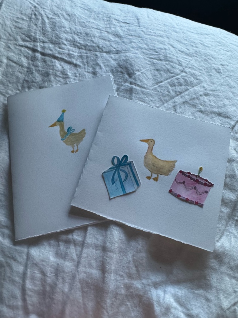 Handmade Duck-Themed Cards with Gift & Cake Illustrations